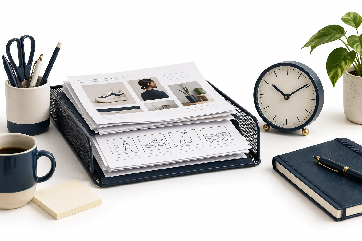 Creative briefs waiting beside a desk clock